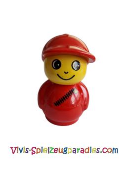 Lego Duplo Primo Figur Junge mit rotem Sockel, rotem Oberteil mit diagonalem Reißverschluss, roter Mütze (baby018)
